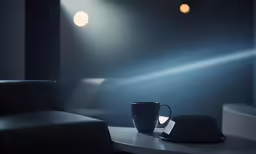 a light that is on in the night with a cup on a table