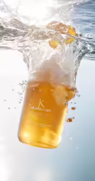 an orange drink floats in the water near the shore