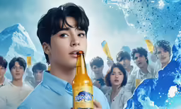 a man holding a beer bottle with people standing behind him