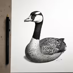 the inked drawing of a duck on paper with a pencil