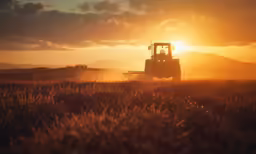 a tractor in a field is silhouetted by the setting sun