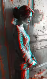 a girl standing in front of a dirty wall