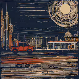 a drawing of a car driving down a city street at night,a picture of an old red truck on a dark background