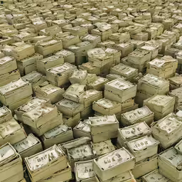 a huge pile of white and brown suitcases,many open boxes with numbers and numbers on them