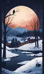 a snowy scene with trees, river, houses and the moon,a winter sunset over a small river and houses