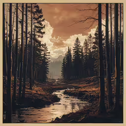 an image of a river in the middle of the forest,a stream running through a forest under a cloudy sky