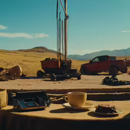 a small car on a dirt road next to two vehicles