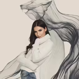 a woman in jeans and a sweater with a wolf graphic on the back