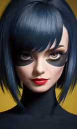 a woman in black and red makeup and cat eye shadow make her hair dark and bold
