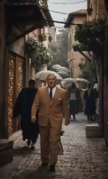 a man is dressed in a tan suit and is carrying an umbrella