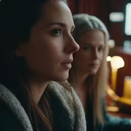two women sit side by side on a couch