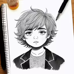 a drawing of a boy with short hair and bangs on top of a notepad