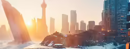 there are many vehicles on the road in front of tall buildings