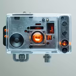 an old fashioned radio sitting in front of a gray background