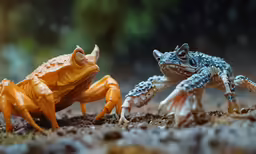 a small frog in the middle of two bugs