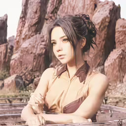 a woman is sitting outside wearing some clothes