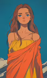 a painting shows a woman wrapped up in an orange sheet
