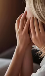 a person sitting in a chair with their hands over their face