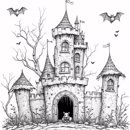 a drawing of a castle in black and white