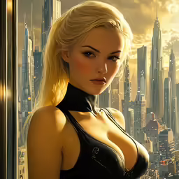 woman posing in front of a futuristic city
