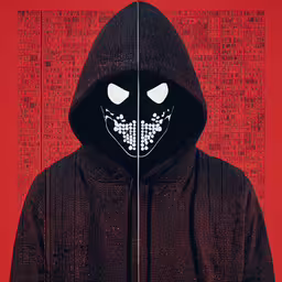 a hooded figure wearing an overcoat with the words death on it,a stylized drawing of the grimy hooded person in front of red wall
