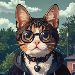 a cat wearing glasses with a leather jacket and hood