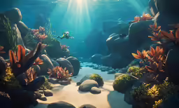 a coral reef with rocks and algae plants