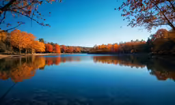 the lake is clear and reflecting the autumn trees