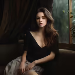 a woman sitting on a couch with her legs crossed