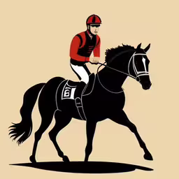 a jockey riding a horse with the horse trotting down the course,a jockey on the back of a black horse