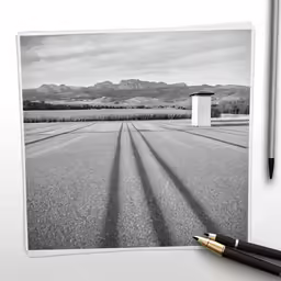 the landscape with mountains and a pen is placed in front of it
