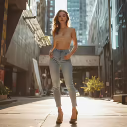 a sexy young lady in jeans and high heels poses for a picture