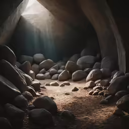 the sunlight streaming down into the cave where rocks are arranged