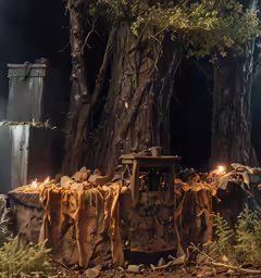 a tree with candles burning in it and two benches