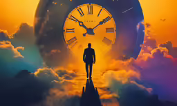 the man is walking towards a large clock