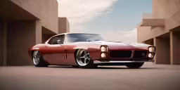 a red sports car with chrome rims parked next to some buildings