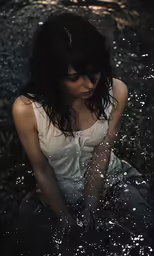 a beautiful woman in white is sitting down