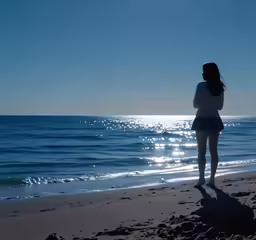 a woman is standing on the beach looking at the water