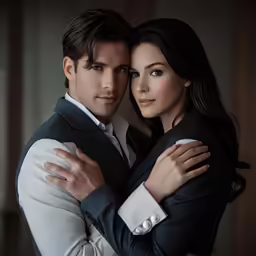 young man and woman are hugging for a photo