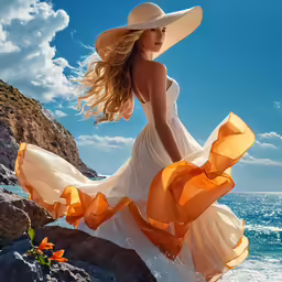 a woman in a long dress is on the shore