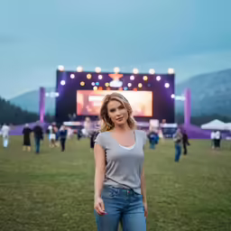 a woman is standing in front of an outdoor event