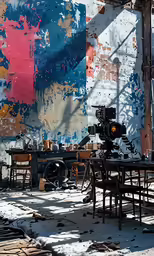 a photo of a film set with the camera pointed up