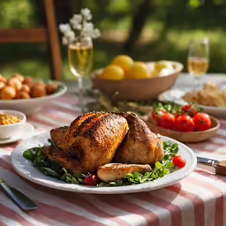 chicken on a plate surrounded by other plates of food