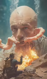 a poster of the face of a man with fire coming out of his mouth