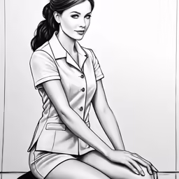 the drawing depicts the girl in her uniform with a black tie sitting down
