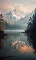 fog, trees and mountains in the background fill a photograph