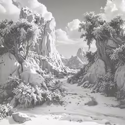 a black and white photo of mountains and trees