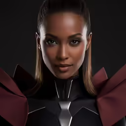 a black woman with long hair wearing black and red
