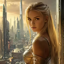 a female with a ponytail stands in a doorway in the city