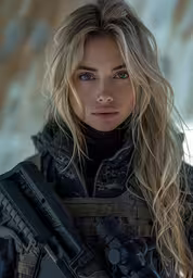 a young woman with long hair holding an m17 rifle,the woman with the weapon is posing for a photo